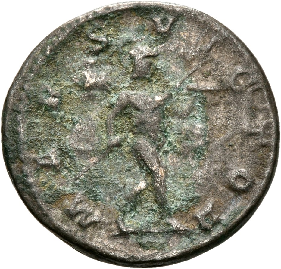 RIC IV Elagabalus 122e Elagabalus reverse, Mars, helmeted, naked except for flowing cloak, advancing right, holding transv...