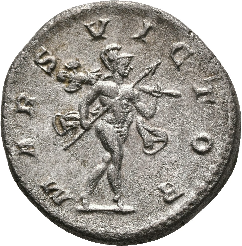 RIC IV Elagabalus 122f Elagabalus reverse, Mars, helmeted, naked except for flowing cloak, advancing right, holding transv...