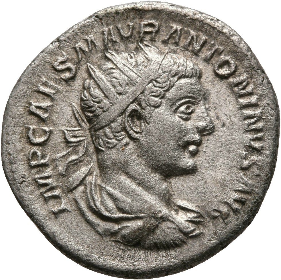 RIC IV Elagabalus 122f Elagabalus obverse, Bust of Elagabalus, radiate, draped, cuirassed, right