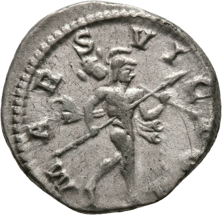 RIC IV Elagabalus 123d Elagabalus reverse, Mars, helmeted, naked except for flowing cloak, advancing right, holding transv...