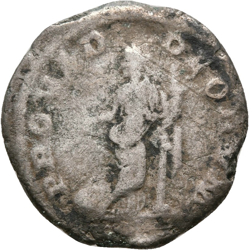 RIC IV Elagabalus 130d Elagabalus reverse, Providentia, draped, standing left, leaning left elbow on column, holding wand ...