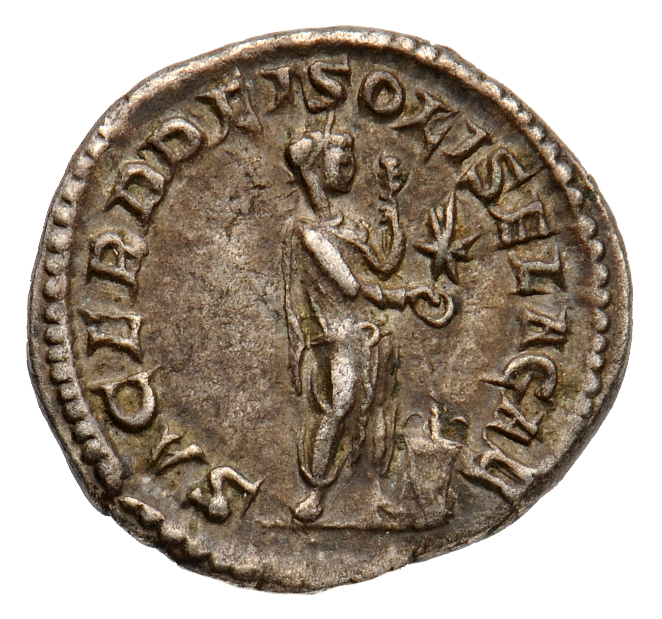 RIC IV Elagabalus 131 Elagabalus reverse, Elagabalus, in Syrian priestly robes, standing right, sacrificing out of patera ...