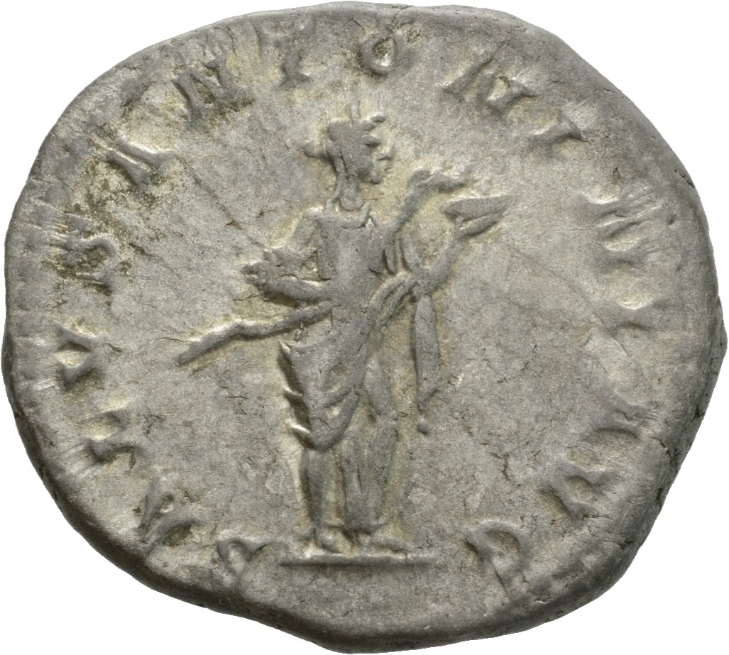 RIC IV Elagabalus 137e Elagabalus reverse, Salus, draped, standing right, feeding snake held in her arms out of dish in le...