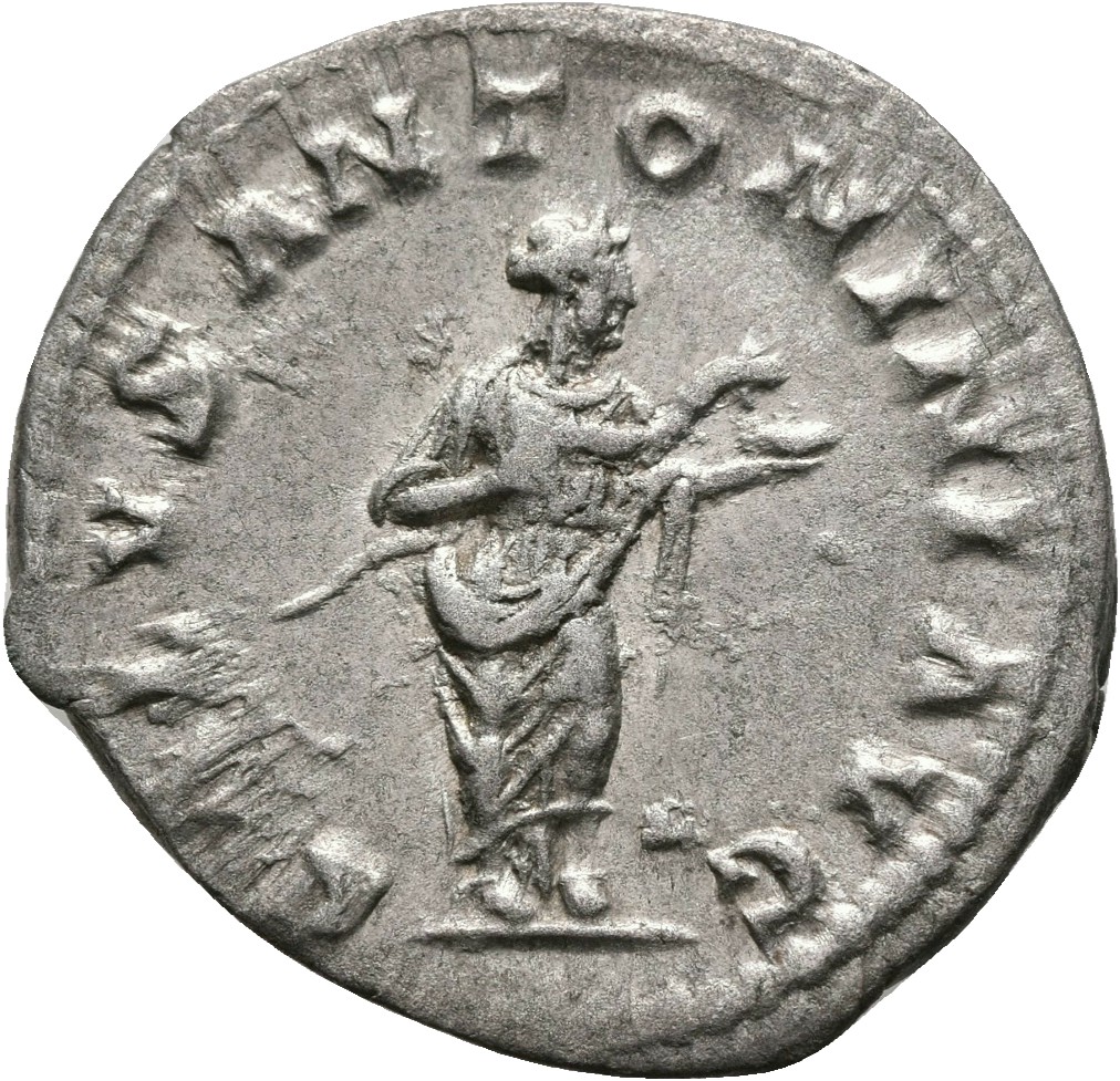 RIC IV Elagabalus 137f Elagabalus reverse, Salus, draped, standing right, feeding snake held in her arms out of dish in le...