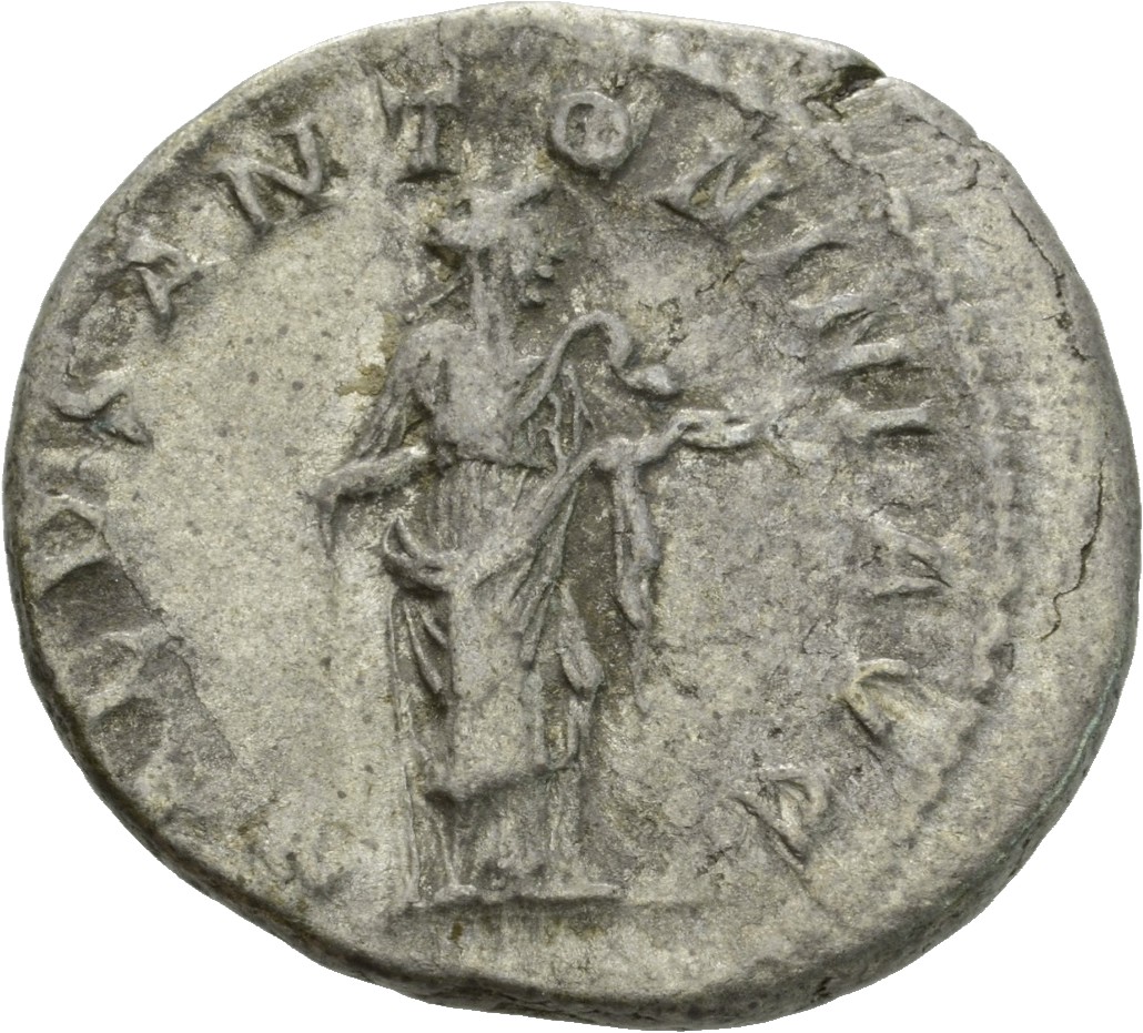 RIC IV Elagabalus 138e Elagabalus reverse, Salus, draped, standing right, feeding snake held in her arms out of dish in le...