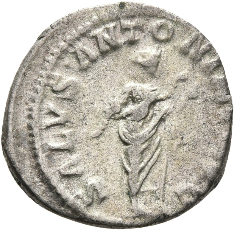 RIC IV Elagabalus 139b Elagabalus reverse, Salus, draped, standing right, feeding snake held in her arms out of dish in le...