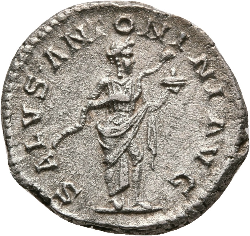 RIC IV Elagabalus 139d Elagabalus reverse, Salus, draped, standing right, feeding snake held in her arms out of dish in le...
