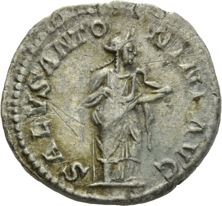 RIC IV Elagabalus 140b Elagabalus reverse, Salus, draped, standing right, feeding snake held in her arms out of dish in le...