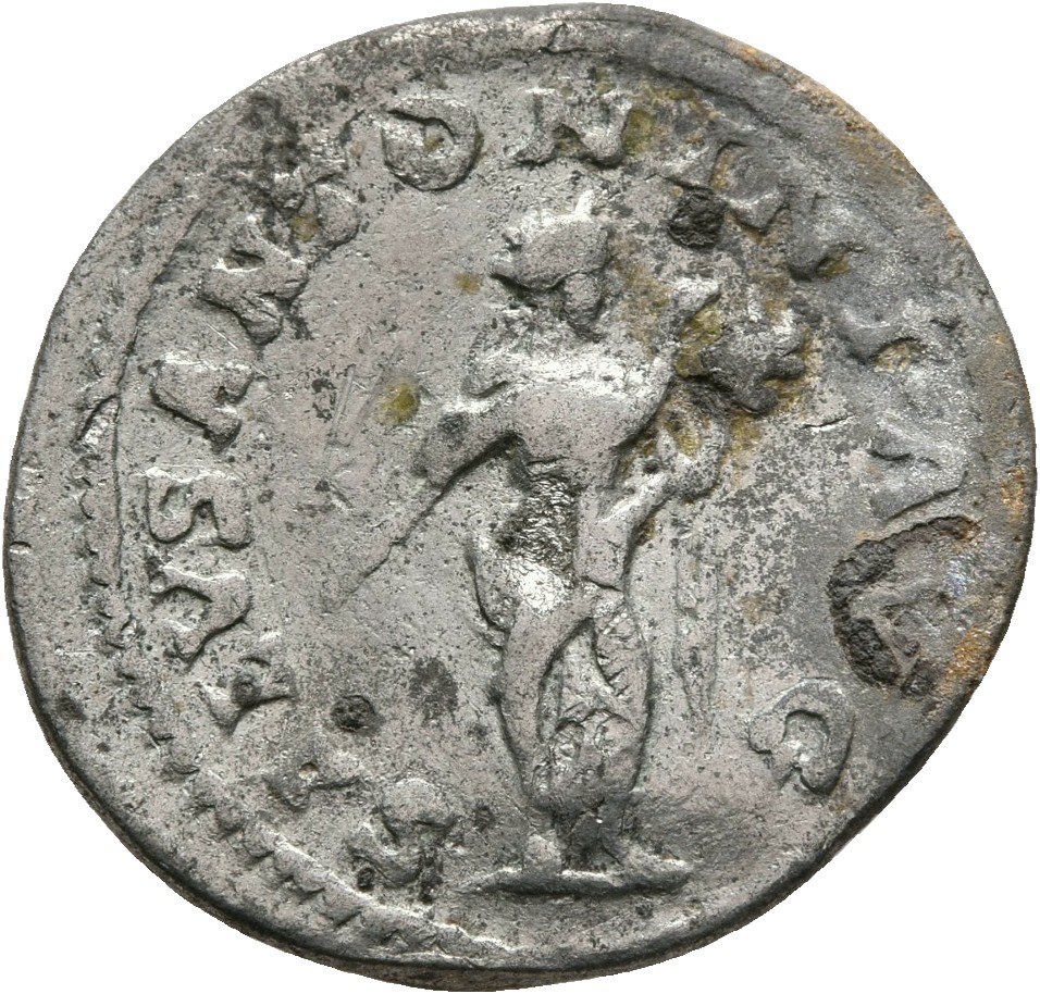 RIC IV Elagabalus 140d Elagabalus reverse, Salus, draped, standing right, feeding snake held in her arms out of dish in le...