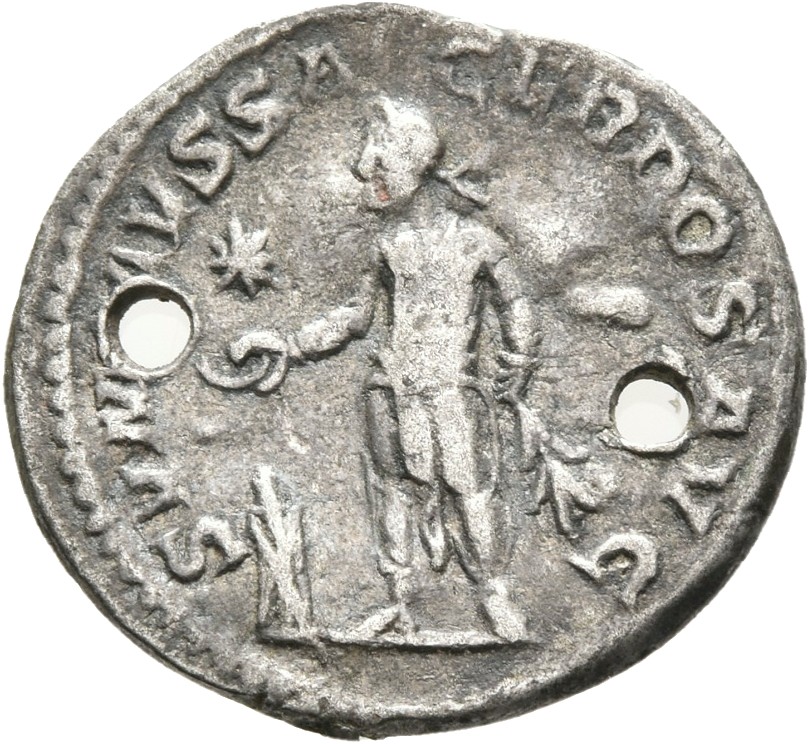 RIC IV Elagabalus 146 Elagabalus reverse — Elagabalus, in Syrian priestly robes, standing left, sacrificing out of patera ...