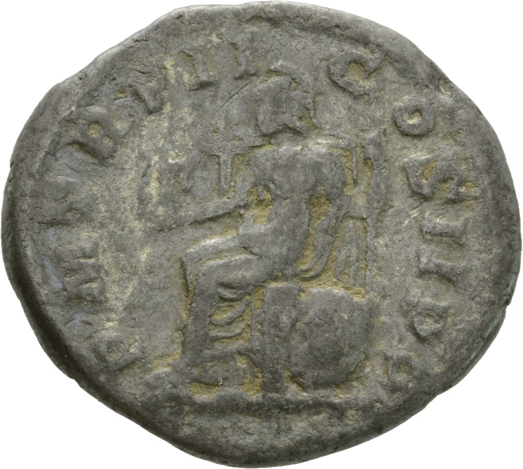 RIC IV Elagabalus 14e Elagabalus reverse, Roma, helmeted, draped, seated left, holding Victory in extended right hand and ...