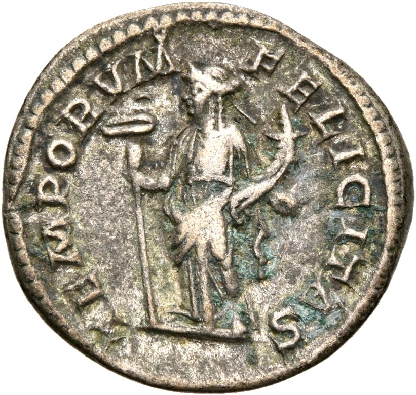 RIC IV Elagabalus 150b Elagabalus reverse, Felicitas, draped, standing left, holding caduceus in right hand and cornucopia...