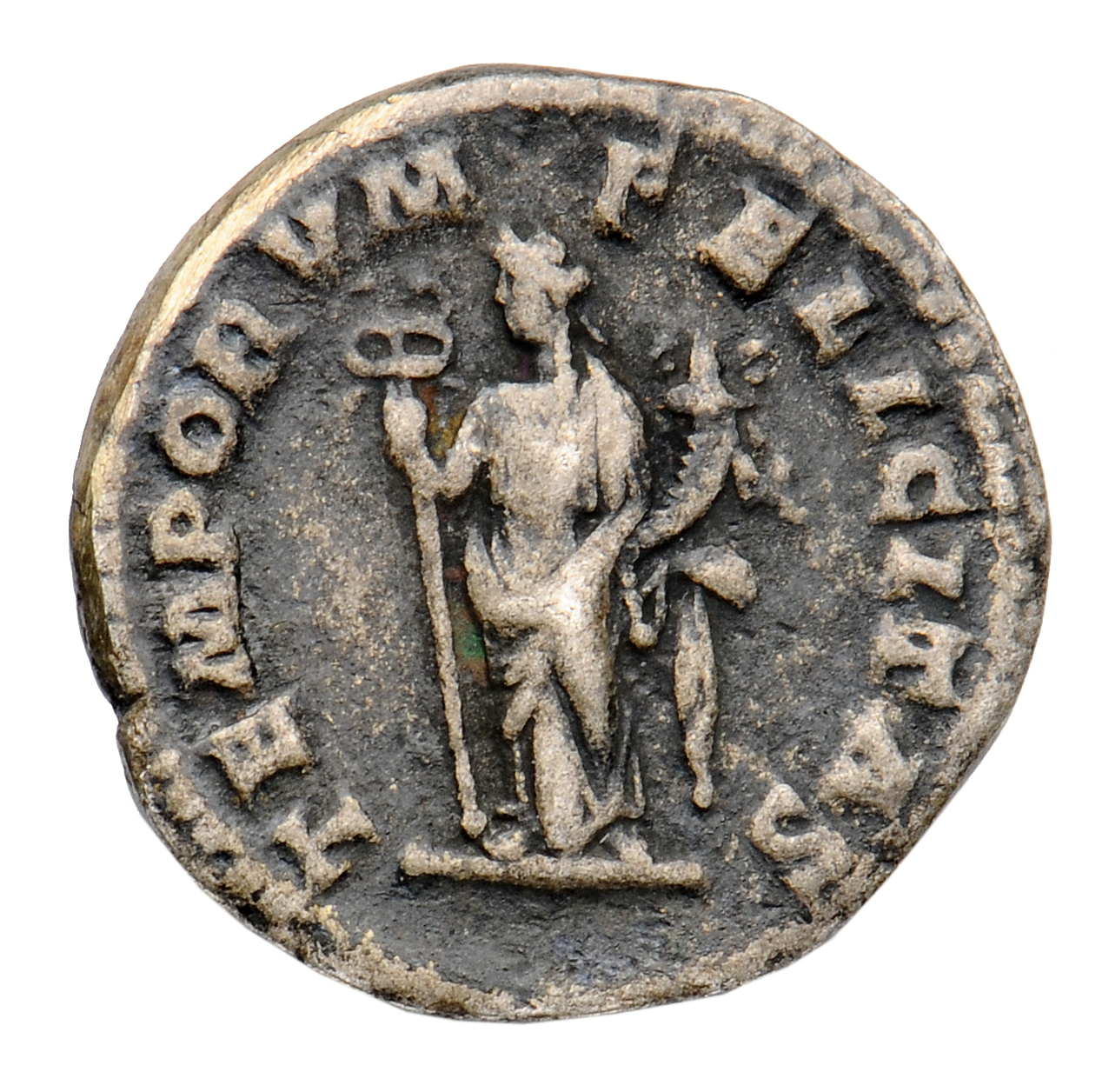RIC IV Elagabalus 150d Elagabalus reverse, Felicitas, draped, standing left, holding caduceus in right hand and cornucopia...