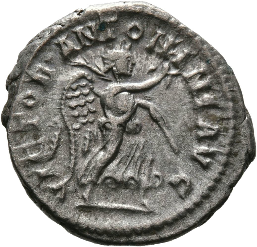RIC IV Elagabalus 153 Elagabalus reverse — Victory, winged, draped, advancing right, holding wreath in extended right hand...