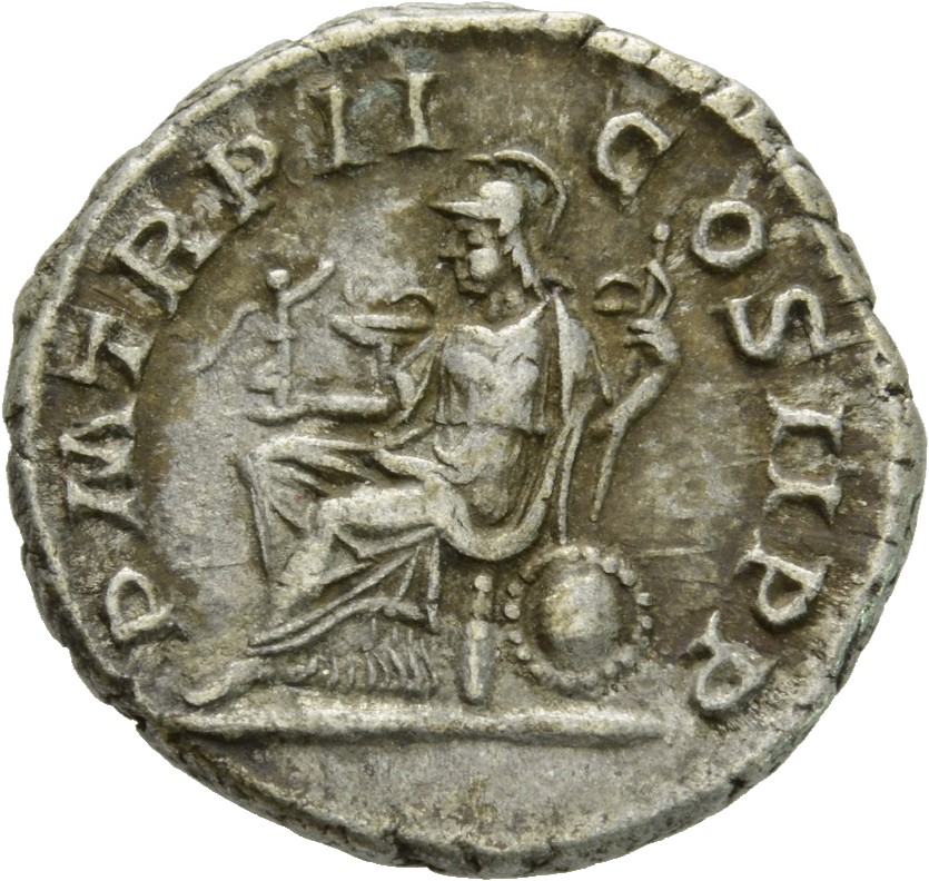 RIC IV Elagabalus 16 Elagabalus reverse, Roma, helmeted, draped, seated left, holding Victory in extended right hand and s...