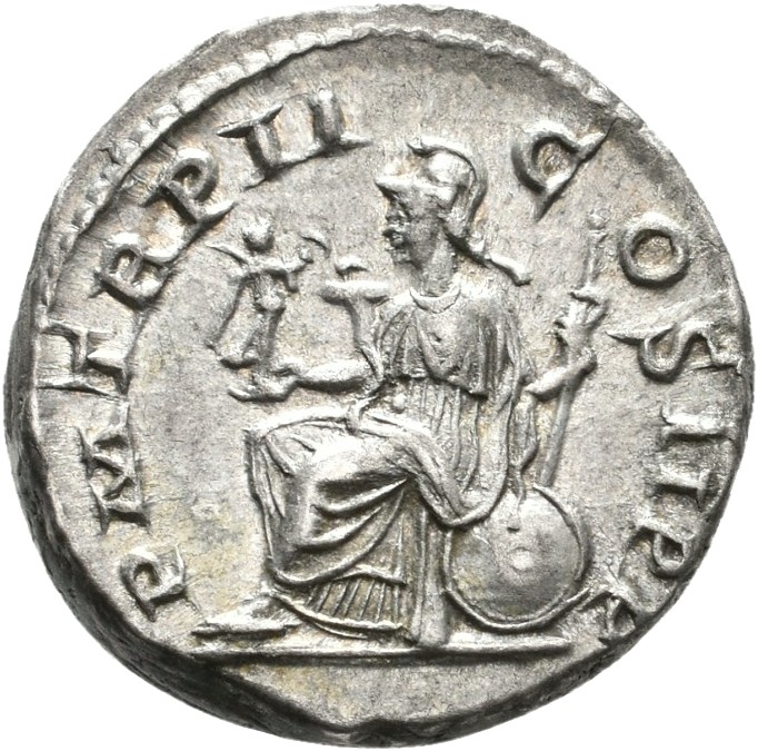 RIC IV Elagabalus 16 Elagabalus reverse — Roma, helmeted, draped, seated left, holding Victory in extended right hand and ...