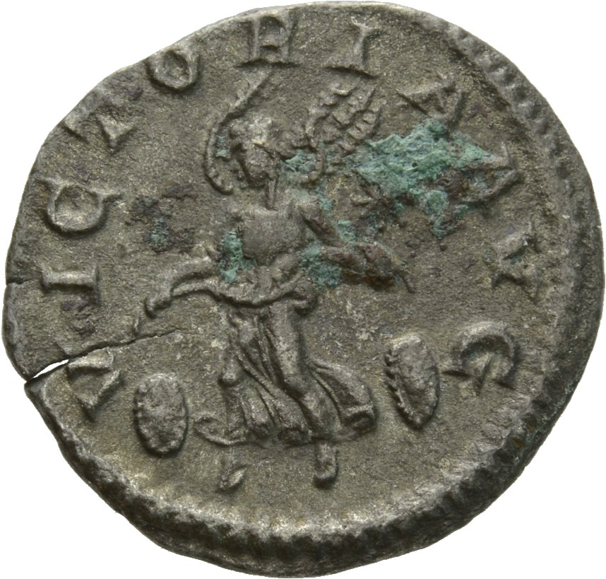 RIC IV Elagabalus 161b Elagabalus reverse, Victory, winged, draped, flying right, holding diadem (or garland) with both ha...