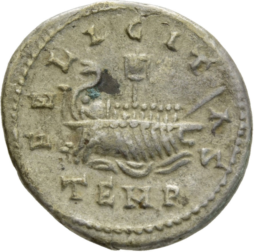 RIC IV Elagabalus 188a Elagabalus reverse, Ship with sail and seven rowers and pilot; on stern, standard and acrostolium; ...