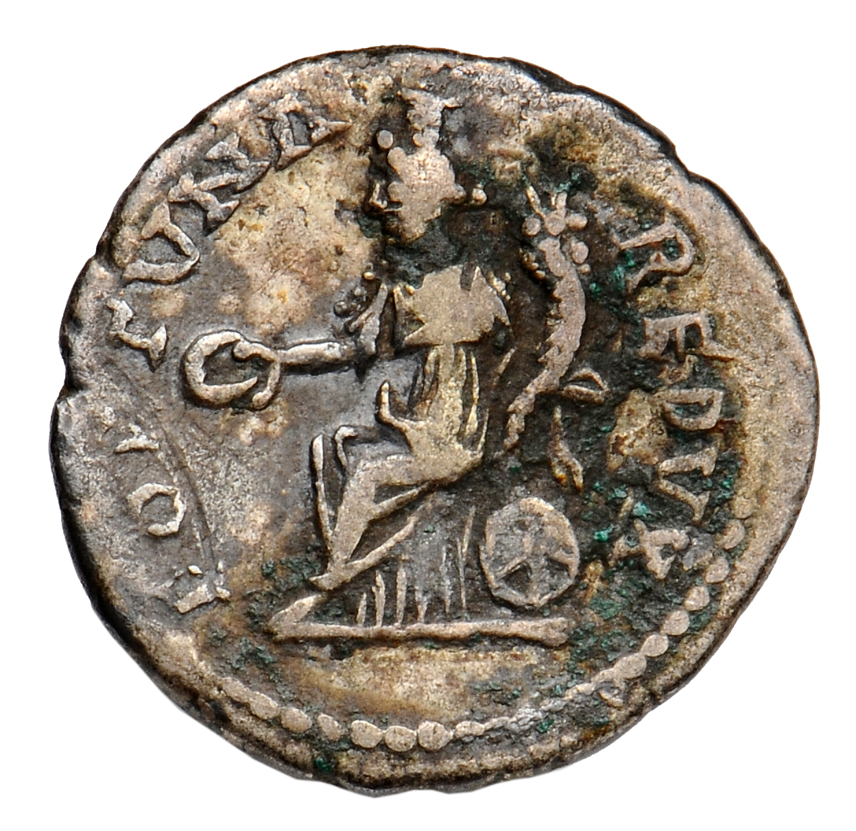 RIC IV Elagabalus 189 Elagabalus reverse, Fortuna, wearing modius, draped, seated left, holding patera in right hand and c...