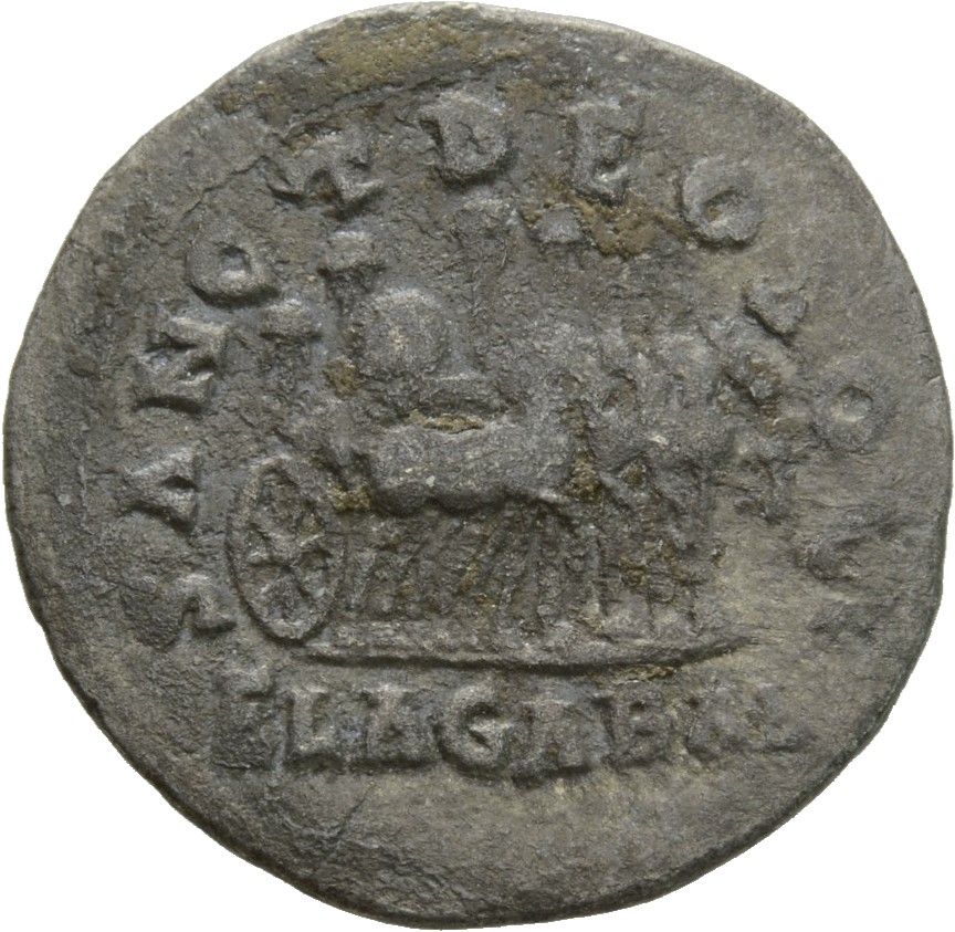 RIC IV Elagabalus 195b Elagabalus reverse, Slow quadriga moving right, on which is set the conical stone of Emesa surmount...