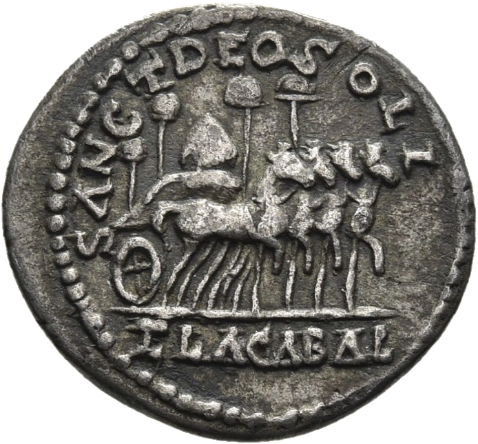 RIC IV Elagabalus 195d Elagabalus reverse, Slow quadriga moving right, on which is set the conical stone of Emesa surmount...