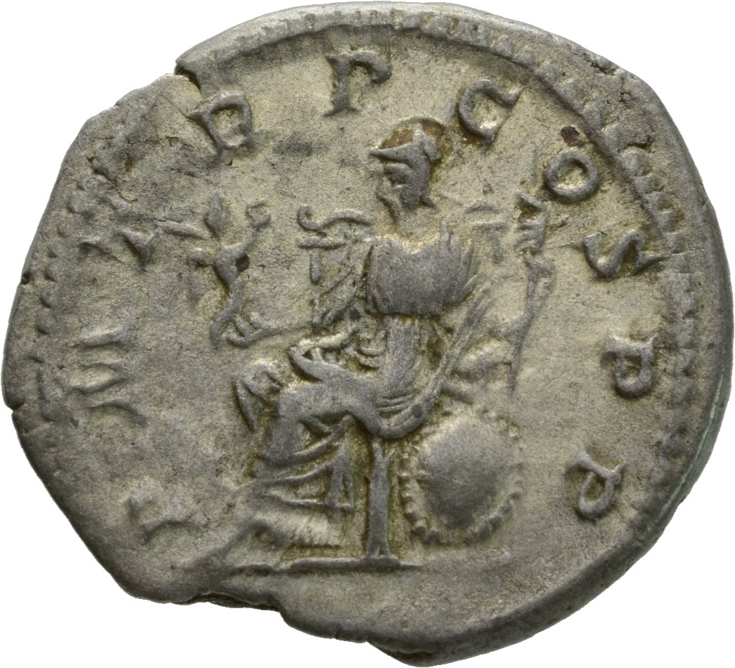 RIC IV Elagabalus 1e Elagabalus reverse, Roma, helmeted, draped, seated left, holding Victory in extended right hand and s...
