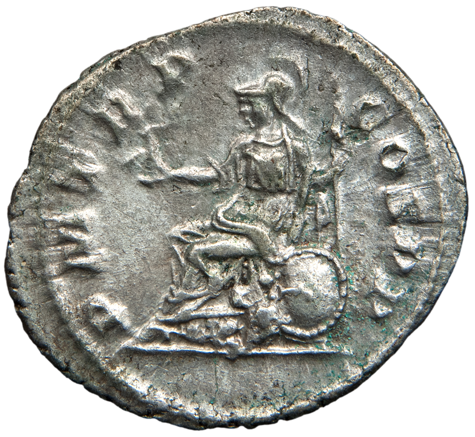 RIC IV Elagabalus 1f Elagabalus reverse, Roma, helmeted, draped, seated left, holding Victory in extended right hand and s...
