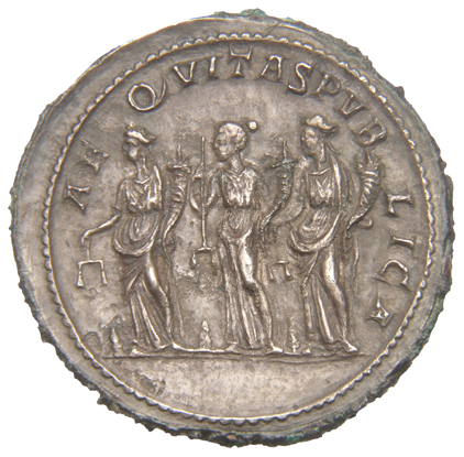 RIC IV Elagabalus 209 Elagabalus reverse, The Three Monetae, all draped, standing left, each holding scales in right hand ...