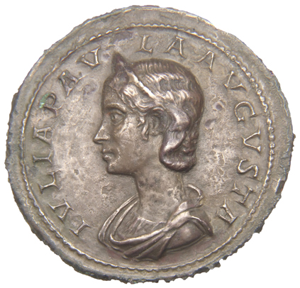 RIC IV Elagabalus 209 Elagabalus obverse, Bust of Julia Paula, diademed, hair waved and fastened in plait, draped, left