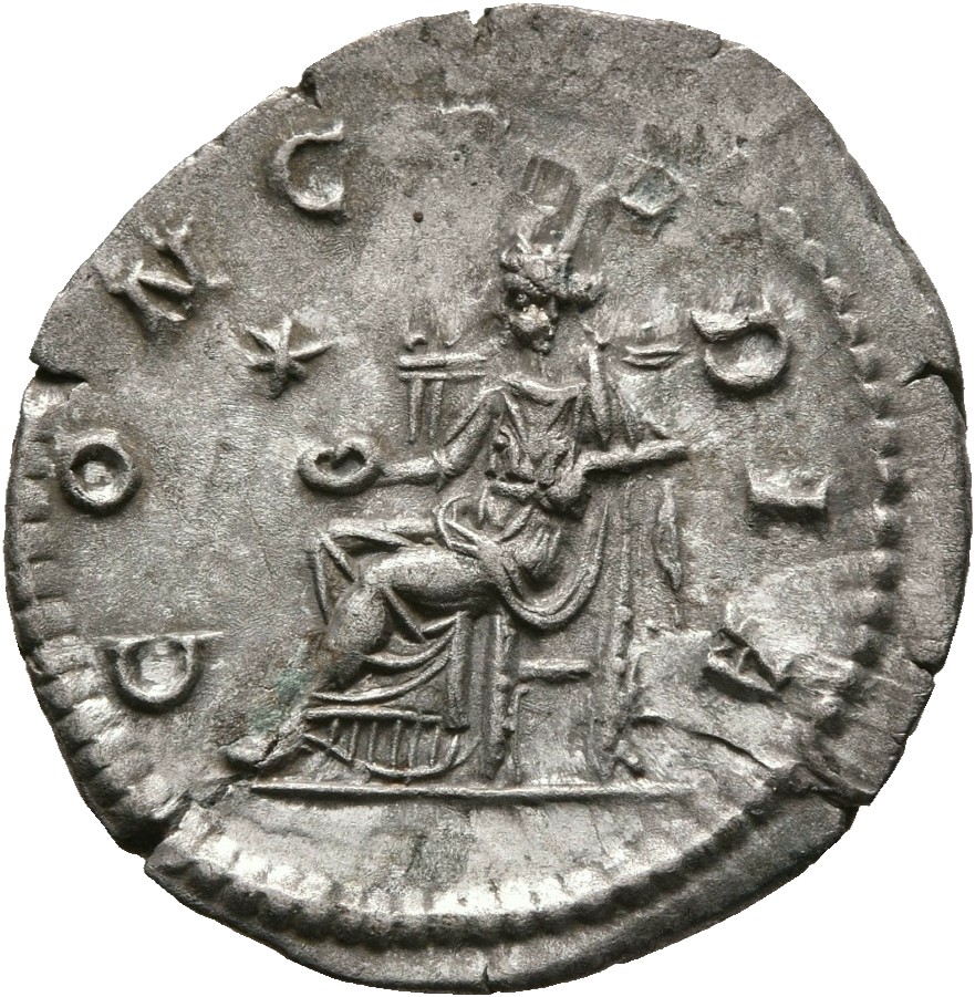 RIC IV Elagabalus 211 Elagabalus reverse, Concordia, draped, seated left, holding patera in extended right hand; in field,...