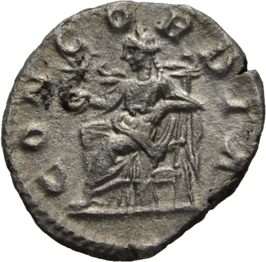 RIC IV Elagabalus 211 Elagabalus reverse — Concordia, draped, seated left, holding patera in extended right hand; in field...