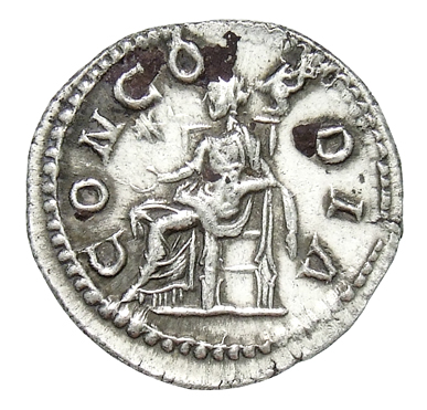 RIC IV Elagabalus 213 Elagabalus reverse, Concordia, draped, seated left, holding patera in extended right hand; in field,...