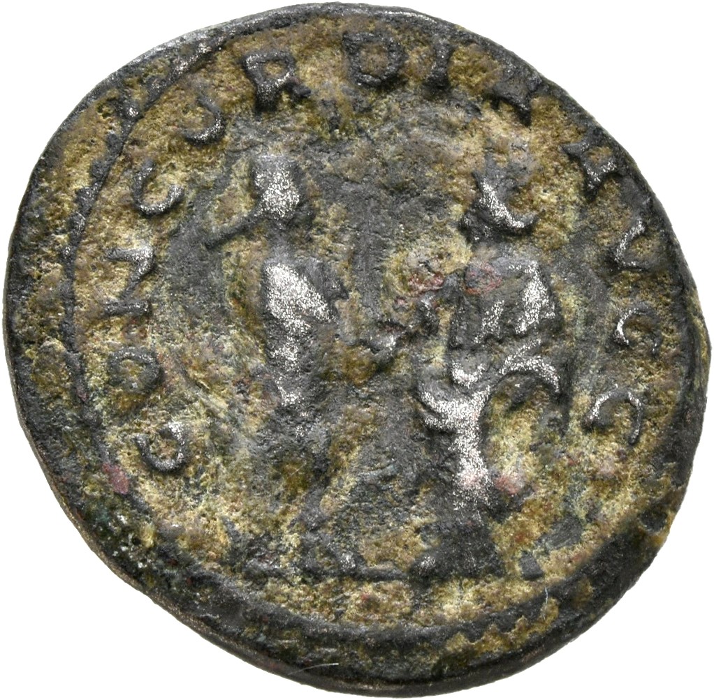 RIC IV Elagabalus 214 Elagabalus reverse, Elagabalus, togate, standing right, and Julia Paula, draped, standing left, clas...