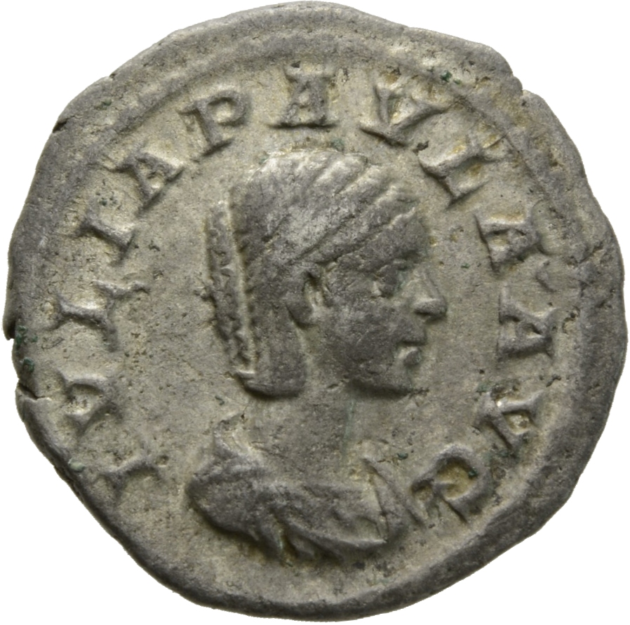 RIC IV Elagabalus 214 Elagabalus obverse, Bust of Julia Paula, hair waved and fastened in plait, draped, right