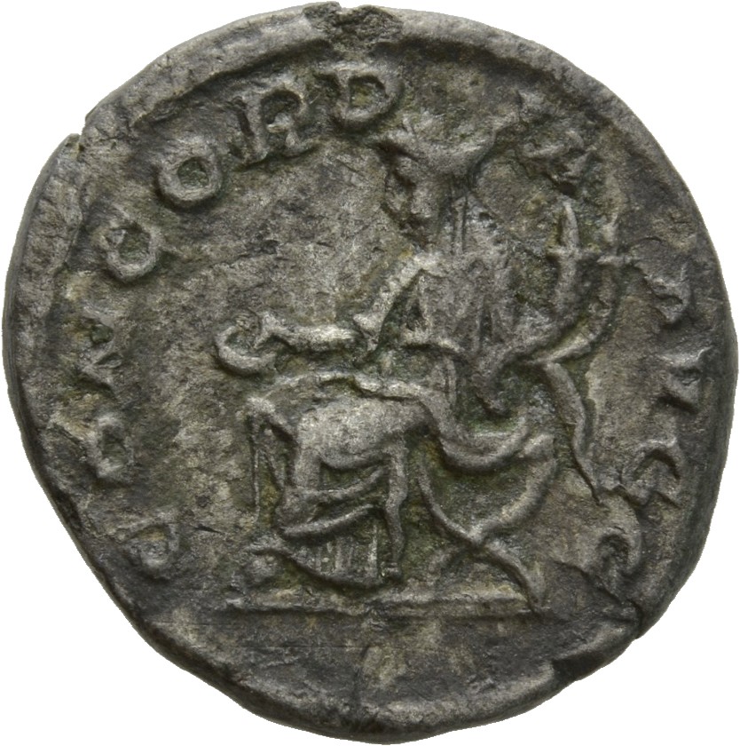 RIC IV Elagabalus 216 Elagabalus reverse, Concordia, draped, seated left, holding patera in extended right hand and double...