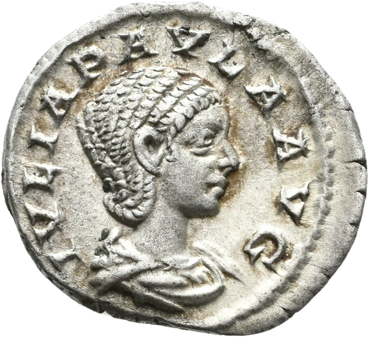 RIC IV Elagabalus 216 Elagabalus obverse, Bust of Julia Paula, hair waved and fastened in plait, draped, right