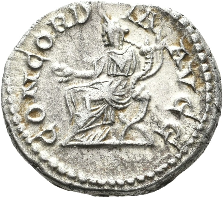 RIC IV Elagabalus 216 Elagabalus reverse, Concordia, draped, seated left, holding patera in extended right hand and double...