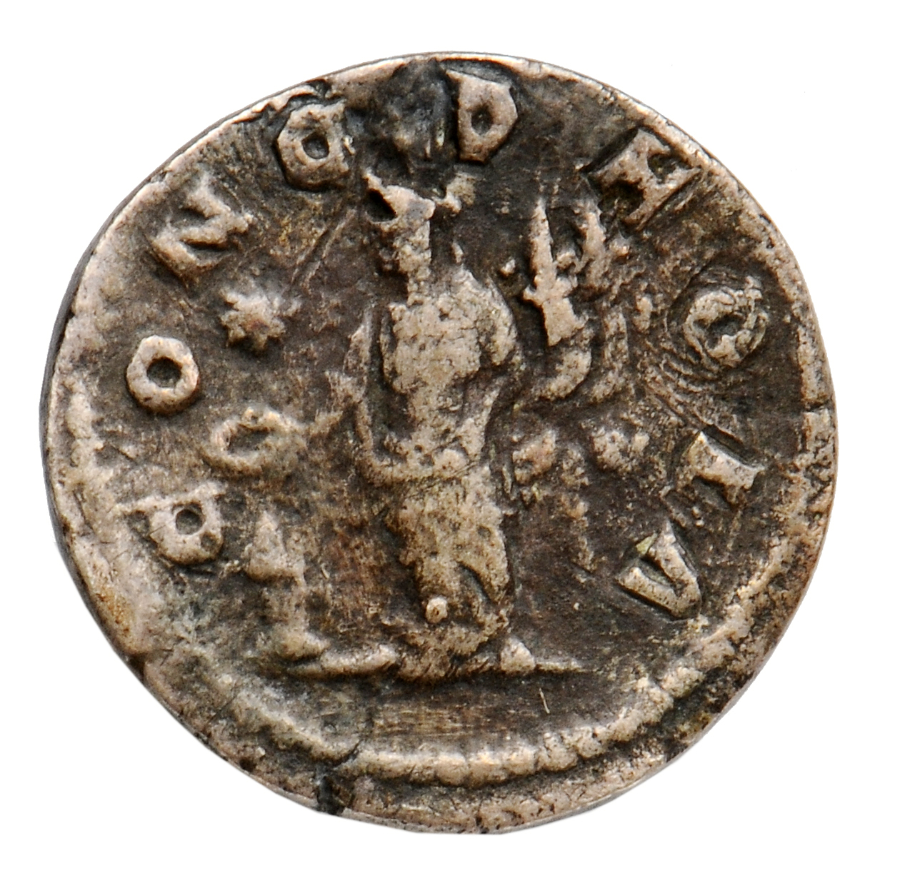 RIC IV Elagabalus 225 Elagabalus reverse, Concordia, draped, standing left, sacrificing out of patera in right hand over l...