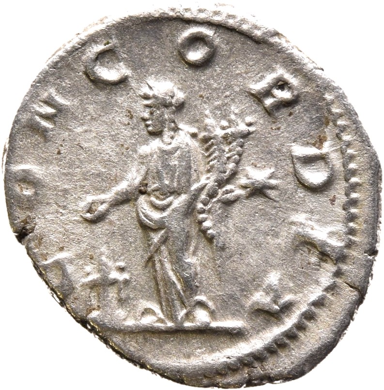 RIC IV Elagabalus 226 Elagabalus reverse, Concordia, draped, standing left, sacrificing out of patera in right hand over l...
