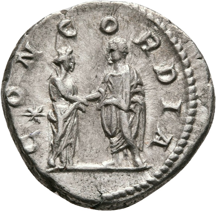 RIC IV Elagabalus 228 Elagabalus reverse, Elagabalus, togate, and Aquilia Severa, draped, standing right and left, facing ...