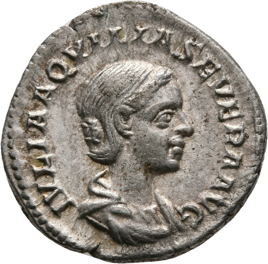 RIC IV Elagabalus 228 Elagabalus obverse, Bust of Aquilia Severa, hair waved and fastened in plait, draped, right