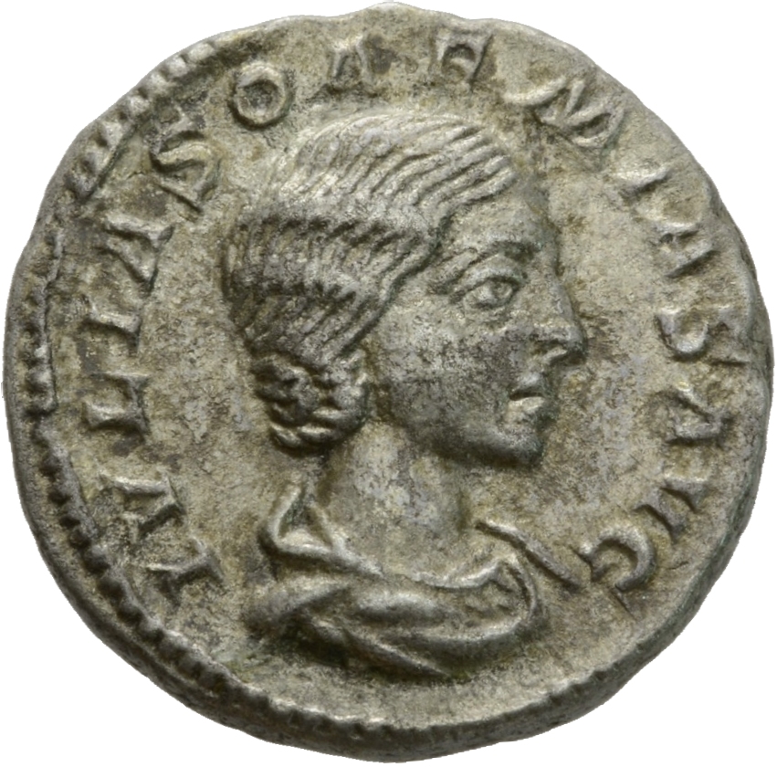 RIC IV Elagabalus 243 Elagabalus obverse, Bust of Julia Soaemias, hair waved and turned up low at the back, draped, right