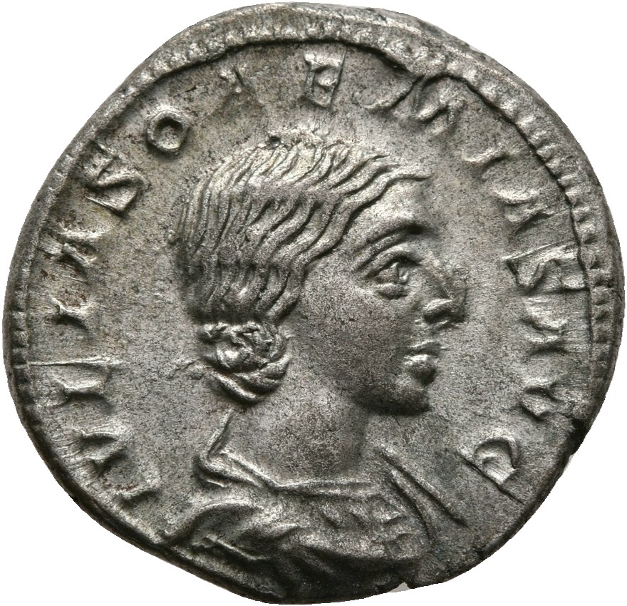 RIC IV Elagabalus 243 Elagabalus obverse, Bust of Julia Soaemias, hair waved and turned up low at the back, draped, right