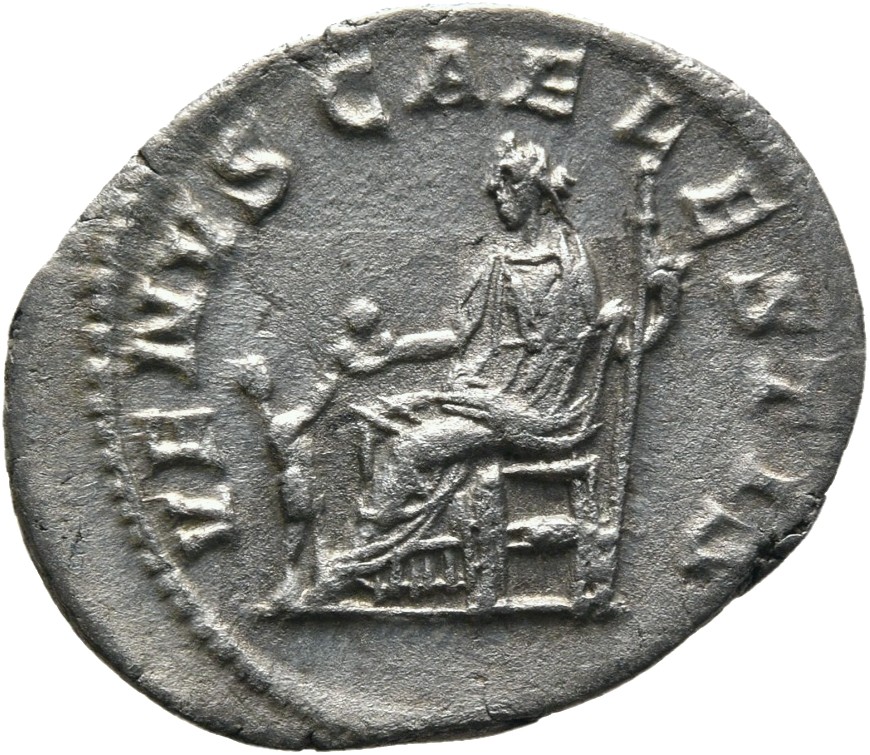 RIC IV Elagabalus 243 Elagabalus reverse, Venus, diademed, draped, seated left, holding apple in extended right hand and s...