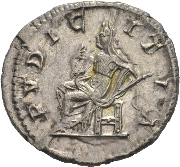 RIC IV Elagabalus 268 Elagabalus reverse, Pudicitia, draped, seated left, drawing veil over face with right hand and holdi...