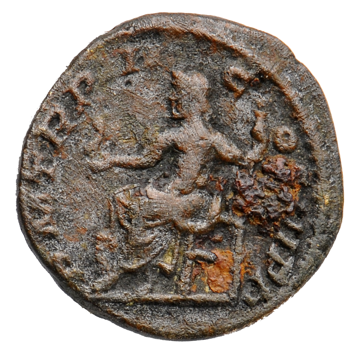 RIC IV Elagabalus 27 Elagabalus reverse, Jupiter, naked to waist, seated left, holding Victory in extended right hand and ...