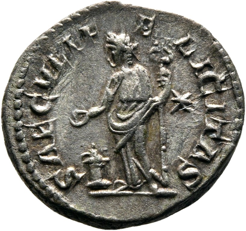 RIC IV Elagabalus 271 Elagabalus reverse, Felicitas, draped, standing left, sacrifcing with patera in right hand over ligh...