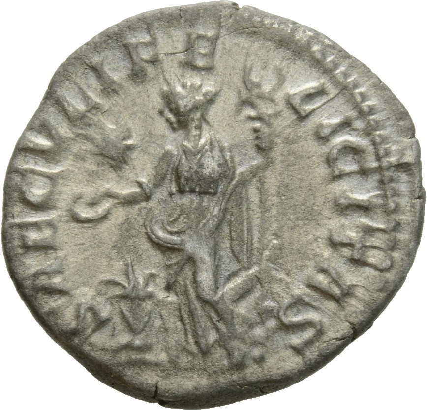 RIC IV Elagabalus 272 Elagabalus reverse, Felicitas, draped, standing left, sacrifcing with patera in right hand over ligh...