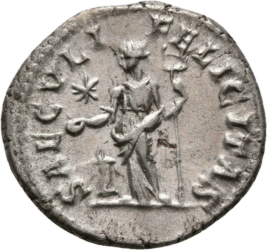 RIC IV Elagabalus 272 Elagabalus reverse, Felicitas, draped, standing left, sacrifcing with patera in right hand over ligh...