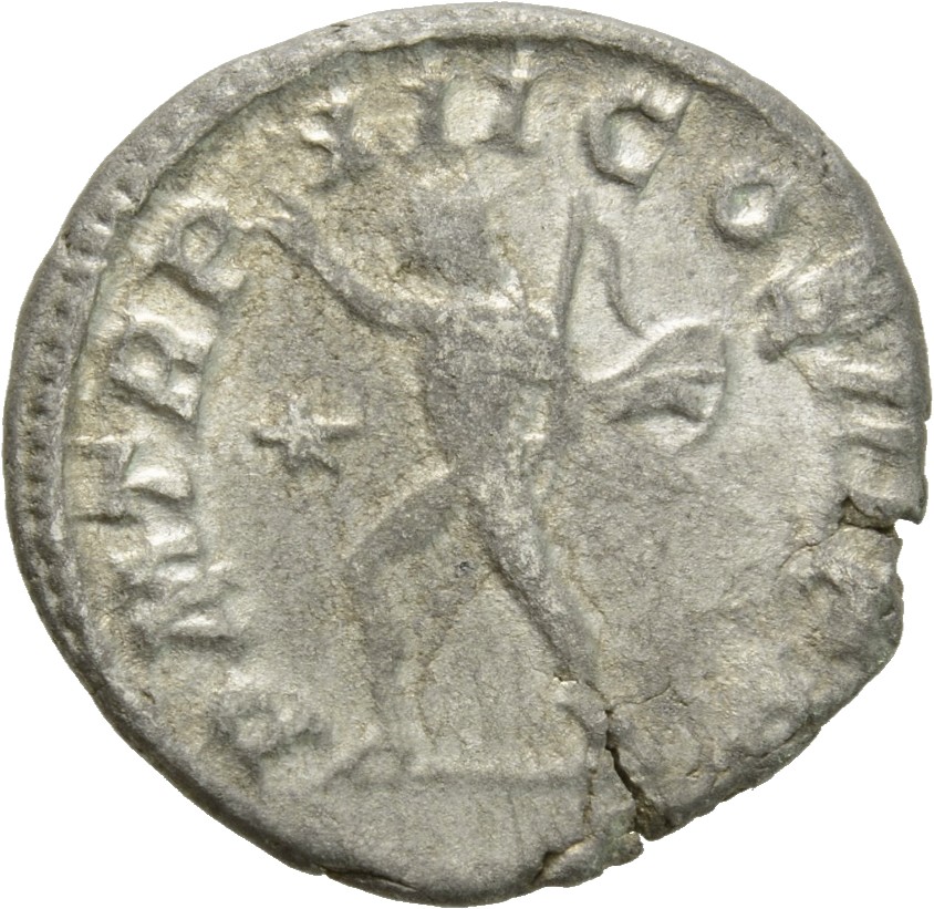 RIC IV Elagabalus 28b Elagabalus reverse, Sol, radiate, naked except for cloak over left shoulder, standing left, raising ...